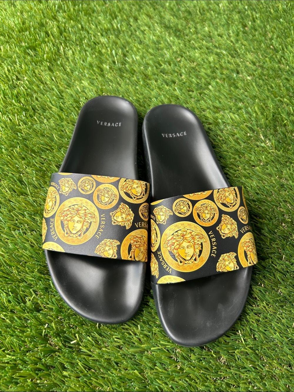 Men’s Versace Black and Gold Medusa Print Slide Sandals. Size 43